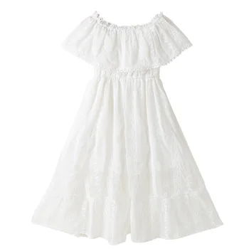 Dantel Orta Uzunlukta Kız Prenses Elbise Genç Çocuk Omuzsuz yaz elbisesi 2022 Yeni Çocuk moda giyim Çiçek Ruffles,#6302