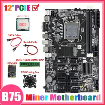 B75 12 PCIE ETH Madencilik Anakart + G620 CPU + DDR3 4 GB 1600 MHz RAM + 128G SSD + Fan + SATA Kablosu + Anahtarı Kablosu Madenci Anakart