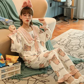 Pamuklu Pijama Uzun Kollu Sonbahar ve Kış Koreli Öğrenciler Gecelik Sevimli Karikatür Bayanlar Gevşek Prenses Yaka Ev Giysileri