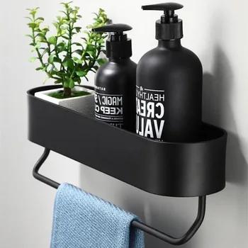 Ev Deco Banyo Rafı Hiçbir Matkap Organizatör Duş Depolama Rafı Siyah Köşe Rafları Duvara Monte Alüminyum Tuvalet Şampuanı Tutucu