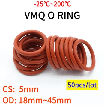 50 adet VMQ O Ring Conta Conta Kalınlığı CS 5mm OD 18 ~ 45mm Silikon Kauçuk Yalıtımlı Su Geçirmez Yıkayıcı Yuvarlak Şekil Toksik Olmayan Kırmızı