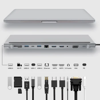 12 in 1 Tip-C Adaptörü HUB USB 3.1 Çift HDMI uyumlu 4K RJ45 VGA USB kablo ayırıcı Yerleştirme İstasyonu Ses 3.5 mm Jack