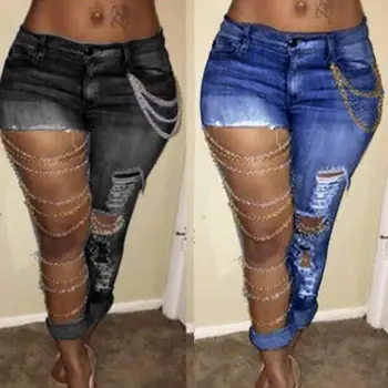 Moda Düğme Kapatma Moda Kadın Kot Abartılı Yırtık Delik Düğme Kapatma Skinny Jeans Seyahat Kot Pantolon