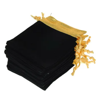 2018 Toptan Takı hediye keseleri 100 Adet 10x12 cm Siyah Kadife Altın Trim İpli Torbalar Ücretsiz Alışveriş