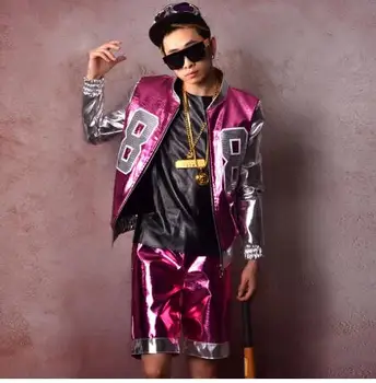 Erkek Deri Beyzbol Ceket 2 Takım (ceket+şort) erkek Moda Gösterisi Hip Hop Ceket Sahne Dansçı Şarkıcı DJ Elbise Kostümleri