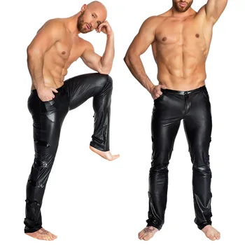 Erkekler Seksi Siyah wetlook PVC Sahne Giyim Fetiş Faux Deri kalem pantolon Sıska lateks tayt Erotik Eşcinsel kutup dans gece elbisesi