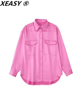 XEASY Moda Kadın Bluzlar 2022 Büyük Boy Gömlek Pembe Düğmeli Gömlek kadın Uzun Kollu Üst Saten Bluz