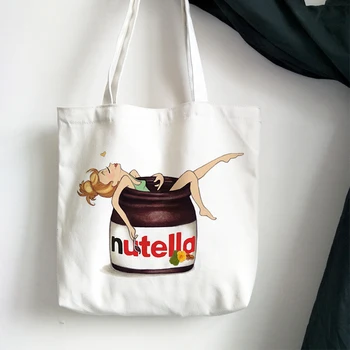 Kawaii Nutella alışveriş çantası Sevimli gündelik çanta Tote Çanta Estetik Kadınlar İçin Tuval Alışveriş Çantası Yüksek Kapasiteli El Bez Çanta
