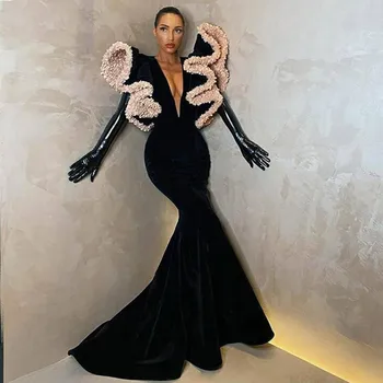 Siyah Mermaid Akşam Elbise Ruffles Kabarık Kollu Seksi Derin V Yaka Uzun Balo Elbise Ünlü Parti Elbise