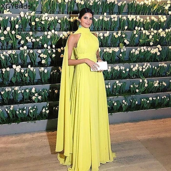 Yeni Varış Dubai Resmi Elbise Kadınlar Zarif Şifon Dantelli Yüksek Boyun Pelerin Sarı Gece Elbisesi 2021 Abiti da cerimonia