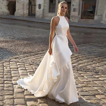 Zarif Halter Boyun A-Line düğün elbisesi Kolsuz Backless Sweep Tren gelin kıyafeti Kadınlar Custom Made Vestido De Novias 2022