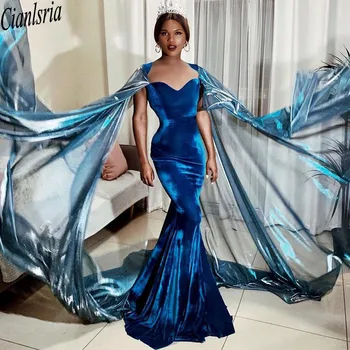 Kraliyet Mavi Mermaid Kadife balo kıyafetleri Sevgiliye Boyun Artı Boyutu Watteau Abiye giyim Sweep Tren Resmi Elbise