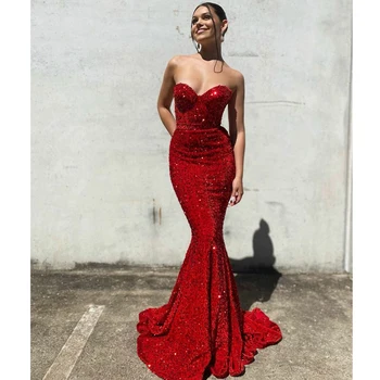 Kadınlar Seksi Zarif Sevgiliye Kolsuz Kırmızı Pullu Akşam Elbise Mermaid Geri Şerit Örgün Parti Balo Elbise 2023 Vestidos De