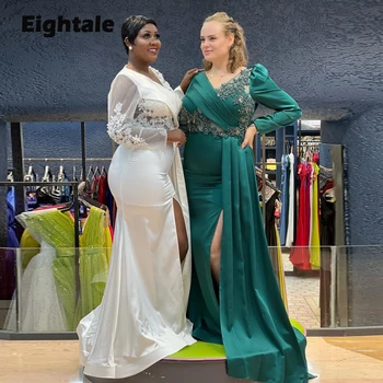 Eightale Artı Boyutu Akşam Elbise Düğün Parti için Saten Boncuklu Aplikler Uzun Kollu Mermaid Zümrüt Yeşil Arapça Balo Abiye