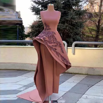 Gül Pembe Mat Leke Tulum balo kıyafetleri Overskirt ile 2023 Jewel Boyun Dantel Boncuklu Jewel Boyun Akşam Kıyafeti Elbise pantolon