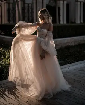Vestido novia Illusion Tül Plaj düğün elbisesi Uzun Kollu Kapalı Omuz Gelin düğün elbisesi es Beyaz Dantel Gelin Gelinlikler