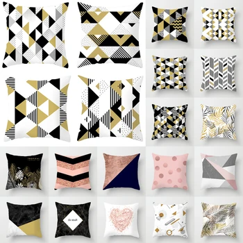 Modern Gül Altın İskandinav Geometrik Yastık Kapakları Altın Siyah Yapraklar Polyester Atmak Yastıklar Kapak Kanepe Koltuk Kanepe Yastık Kılıfı