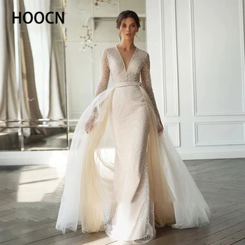 HERBURNL Muhteşem düğün elbisesi Uzun Kollu Ayrılabilir V Yaka Dantel Zarif Backless Tül Yeni Balo Gelin Prenses Elbise
