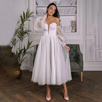 Puf Kollu Kısa A-Line düğün elbisesi Gelin İçin 2023 Beyaz Seksi Straplez Ayrılabilir Custom Made Kadınlar İçin Saten Tül