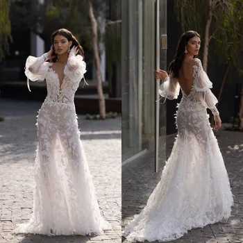 Backless Mermaid Dantel düğün elbisesi 3D Çiçek Aplike Uzun Kollu gelinlikler elbiseler de mariee