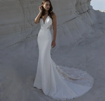 11891 # Zarif Plaj Bohemian Kolsuz düğün elbisesi Mermaid Saten Seksi V Yaka Illusion Dantel düğün elbisesi gelin kıyafeti