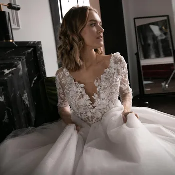 3D Çiçek Aplike düğün elbisesi Glitter Tül V Yaka Uzun Kollu Aç Geri Fildişi Gelin Elbise İnciler Kanat Sparkly Prenses