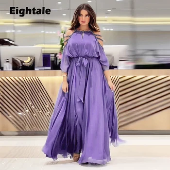 Eightale Mor Akşam Elbise Düğün Parti için Boncuklu Sashes A-Line Şifon Uzun Arapça balo elbisesi Dubai kutlama elbiseleri 2023