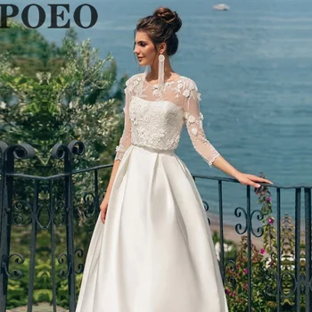 POEO Zarif düğün elbisesi O-Boyun Düğmesi Aplikler Gelin Kıyafeti A-LİNE Kat Uzunlukta Mahkemesi Tren Vestido De Novia Kadınlar İçin