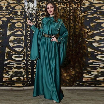 Laxsesu Fas Kaftan Balo Elbise Arapça Yüksek Boyun Boncuklu İnciler Müslüman Abiye giyim 2022 Uzun Kollu Saten Elbiseler De Soiree