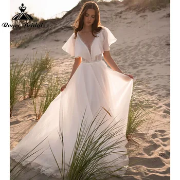 2022 robe de mariée Peri Plaj Boncuk Dantelli Backless Flare Kollu Üç Çeyrek düğün elbisesi Bir Çizgi gelinlik Custom Made