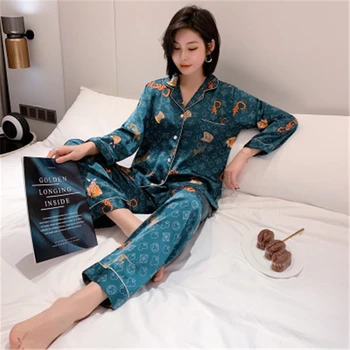 setleri rahat gecelik ev giyim uzun kollu moda iç çamaşırı iki adet kadın bahar saten sahte ipek pijama