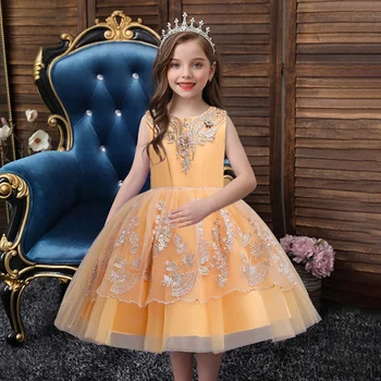 3-10 yaşındaki kızların moda işlemeli prenses elbise çocuk dantel örgü kabarık etek ziyafet performans resmi elbise
