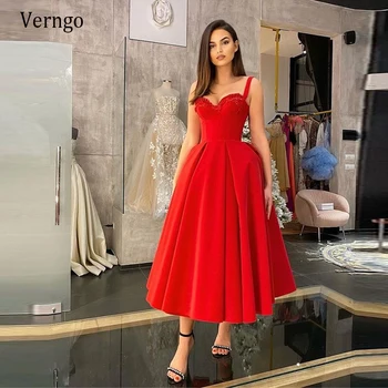 Verngo 2021 Yeni Kırmızı Kadife Abiye Spagetti Sapanlar Kabarık Etek Kısa Balo Abiye Çay Boyu Parti Konuk Resepsiyon Elbise