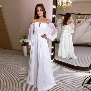 Basit Şifon düğün elbisesi 2022 Kapalı Omuz Bir Çizgi Illusion gelinlikler Yaz Plaj Robe De Mariee Custom Made