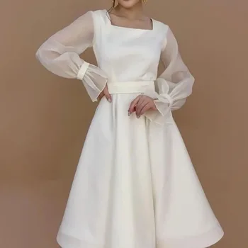 2023 Zarif Prenses Basit Gelin düğün elbisesi gece elbisesi Kemer Günlük Elbise Kare A-line Çay Uzun Kollu Elbise Beyaz / Bej