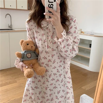 Çiçek Baskı Sonbahar Gecelik Kadın Kore O-Boyun Uzun Kollu Düğmeler Uzun Pijama Pamuk Gecelik Gevşek Ev Giysileri