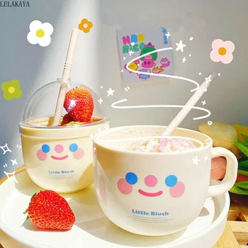 500ml Karikatür Gülümseme Yüz Plastik pipetli kupa Yaratıcı Ev Seyahat Taşınabilir çay Su Bardağı Süt Suyu Kahve kulplu kupalar