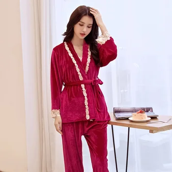 Sonbahar ve Kış kadın Peluş Pijama Üç parçalı Seksi Askı Pantolon Uzun kollu Pijama Ev Gecelik Seti