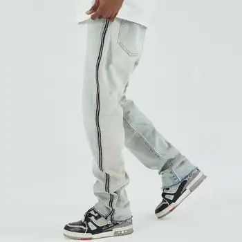2021 erkek Yüksek Streetwear rahat pantolon Pürüzlü Kenar Yıkanmış Mavi Yan Kemik Fermuar Kot Amerikan Pantolon Moda düz pantolon