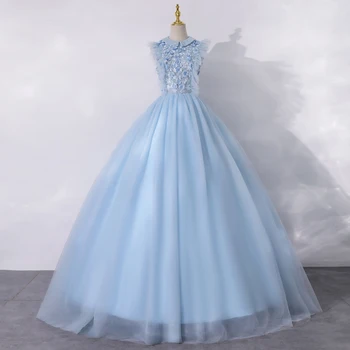 2022 Yeni Mavi Tül Balo Zarif Kolsuz Quinceanera Elbiseler Klasik Dantel Aplike Suknia Balowa Artı Boyutu Custom Made