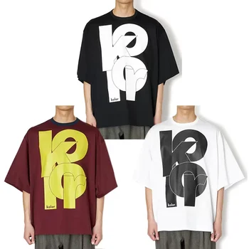 22SS KOLOR Abe Runyi Japonya Üç Renkli 1/2 Kollu Gevşek Mektup Baskılı erkek yazlık t-shirt Yeni Varış Yuvarlak Boyun Tees