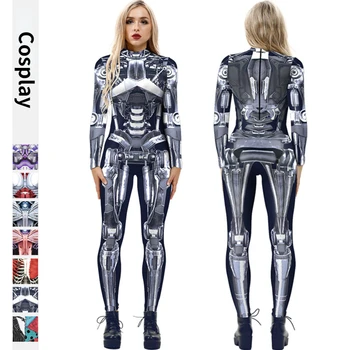 Cadılar bayramı Robot Punk Tulum Cosplay Kostümleri 3D Baskılı Bodysuit Seksi Catsuit Kadın Karnaval Onesies Rol Oynamak Takım Elbise