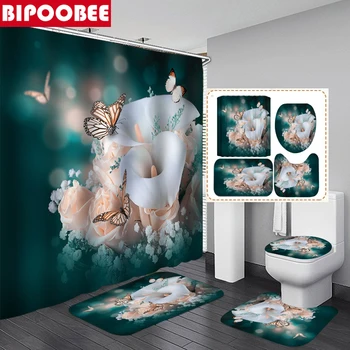 Kelebek Çiçek Yeşil Duş banyo perdesi Dekor Banyo mat seti Tuvalet kapak Yumuşak Halı ayaklı kilim Küvet Perdeleri