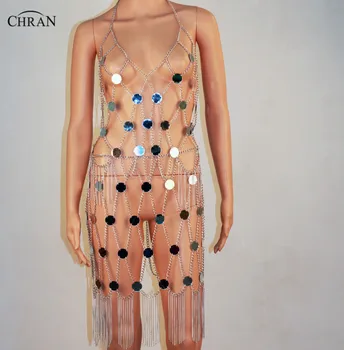Chran 2 parça Ayna Neklace Disko Bandeau Bralette Kırpma Üst + Seksi Metalik Zincir Etek Bikini Mayo Parti Takı CRM205