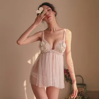 Bayan Seksi İç Çamaşırı Derin V Yaka Gazlı Bez İşlemeli Çiçek Perspektif Günaha Kayış Örgü Pijama Bayan İç Çamaşırı Bodysuits