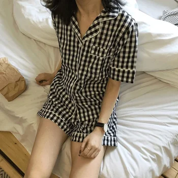 Yaz Femme Pijama Yaka Kawaii Ekose Ev Takım Elbise Vintage İpli Kore Pijama Rahat Öğrenciler Giyim Pijama 2 adet S989
