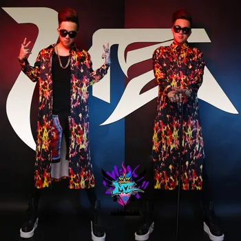 Streetwear Erkek Şarkıcı Blazer Gömlek Erkekler DJ Konuk G-ejderha GD Tarzı Ceket Alev Esneklik Uzun Ceket Gömlek Kostüm