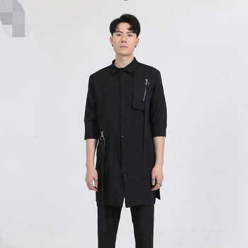 Erkek Kısa Kollu Gömlek Yaz Yeni Koyu Yaka Düzensiz Fermuar Tasarım Uzun Gençlik Moda Trendi Çok Yönlü Gömlek