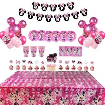 87 adet Disney Minnie Mouse Doğum Günü Partisi Süslemeleri Malzemeleri Kağıt kağıt bardaklar Tabaklar Peçeteler Kızlar Favor Bebek Duş Dekor