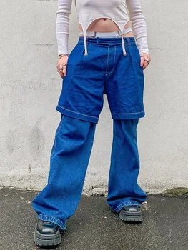 Şalvar Kot Erkekler Son Tasarım Çift Katmanlar Şort Pantolon İki Adet Setleri Streetwear Düşük Bel Gevşek Düz Bacak Kargo Pantolon